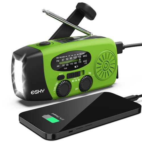 Emergency Hand Crank Radio with 3 LED Flashlight, Esky AM/FM/NOAA Portable Weather Radio with 2000mAh Power Bank Phone Charger, Solar Powered USB Rechargeable Radio for Indoor Outdoor Camping, Green