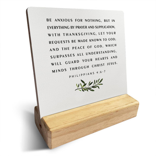 Country Be Anxious for Nothing Bible Verse Wooden Plaque Sign Desk Decor Rustic Philippians 4:6-7 Christian Baptism Desk Sign Decor for Home Nursery 4 x 4 Inches