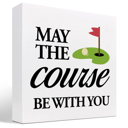 z-crange May The Course Be with You Golfing Golf Ball Wood Block Sign Desk Decor,Rustic Inspirational Wooden Box Plaque Sign Desk Decor for Home Office Shelf Table Decorations