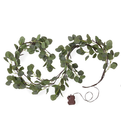 Plow & Hearth Indoor/Outdoor Battery-Operated Lighted Eucalyptus Garland with 48 Warm White LED Lights, Lush Faux Silvery-Green Foliage and Bendable Branches, 16" W x 72" L