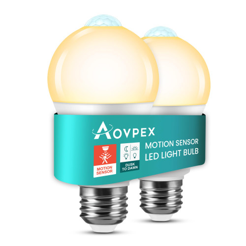 Aovpex Motion Sensor Light Bulbs, 100W Equivalent Motion Activated Security Light Bulb, Dusk to Dawn, E26 A19 LED Bulb, Auto On Off, Indoor Outdoor, 2700K 2 Pack