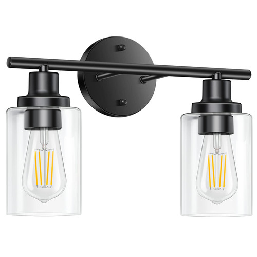 Watyo Bathroom Light Fixtures Matte Black Vanity Light 2 Light Wall Sconces Lighting Bathroom Lights with Clear Glass Shades Bath Wall Lights Wall Lamp for Mirror Kitchen Living Room Bedroom Hallway
