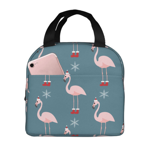 Reusable Lunch Tote Bag Christmas Pink Flamingo Xmas Insulated Lunch Bag Durable Cooler Lunch Box