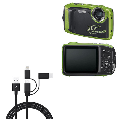 BoxWave Cable Compatible with Fujifilm FinePix XP140 - AllCharge 3-in-1 Cable for Fujifilm FinePix XP140 - Jet Black