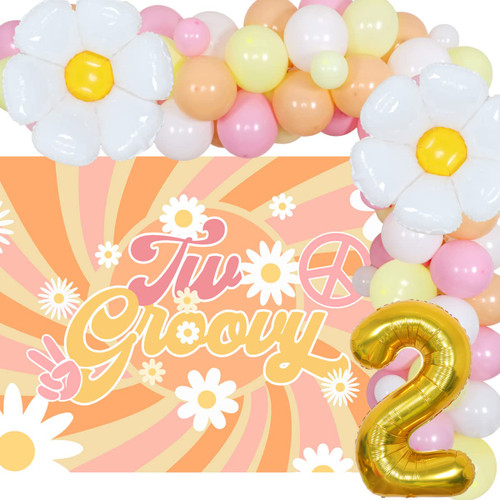 Two Groovy Party Decorations, Hippie Balloon Garland Kit, Two Groovy Party Backdrop Daisy Flower Boho Rainbow Party Decor for Baby Girls 2nd Birthday
