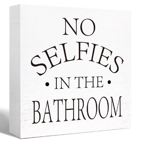 Funny Bathroom Wood Sign No Selfies in the Bathroom Wood Block Sign for Bathroom Shelf Toilet Restroom Home Tabletop Desk Decor,Farmhouse Bathroom Wooden Box Sign