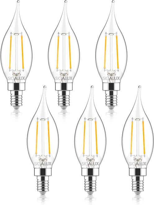 Sigalux Candelabra LED Light Bulbs Dimmable, E12 40 Watt Chandelier Light Bulbs, CA10 Flame Tip Candle Light Bulbs, 5000K Daylight, 300LM E12 LED Bulb for Chandeliers, Ceiling Fan, Pendant, 6 Pack