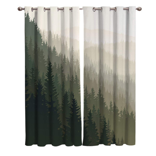 Edwiinsa Forest Kitchen Blackout Curtains Window Drapes Treatment, 2 Panels Set for Kitchen Cafe Office, Northern World with Coniferous Trees Scandinavian Woodland, 80W x 63L inch