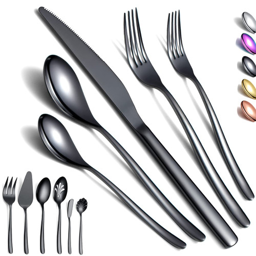 Black Silverware Set 46 Piece, Stainless Steel Flatware Set, Cutlery Set, Utensil Sets, With Cake Server, Serving Spoon, Slotted Serving Spoon, Serving Fork, Sugar Spoon, Butter Knife (Shiny Black)