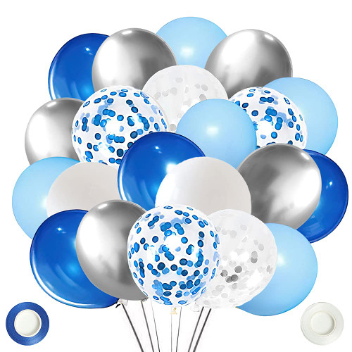 CUTEDECOR 62pcs 12Inch Blue Silver White Confetti Balloons Kit, Metallic Silver Balloons Blue Sliver Confetti Balloons for Wedding Party Birthday Baby Shower Graduation Supplies