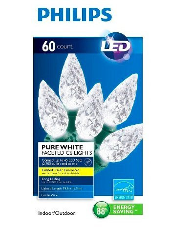 60Ct. Pure White Led C6 String Lights - Green Wire- Philips