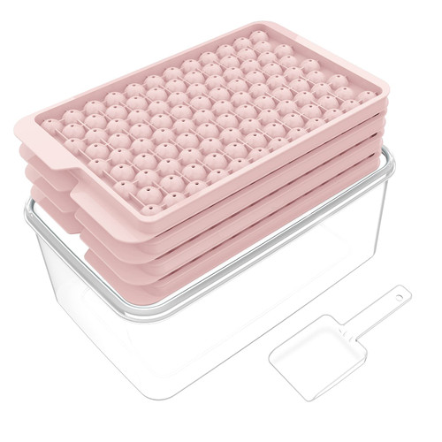 Lamesa Mini Ice Cube Trays for Freezer(4 Pack), Tiny Ice Cube Tray with Lid and Bin, 104x4 PCS Crushed Ice Trays Easy Release, Bpa-Free for Chilling Drinks Coffee Cocktail(Ice Bin & Ice Scoop)(pink)