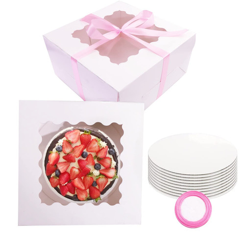 GUIFIER 10 Pack Cake Boxes 10 inch with Cake Boards and Pink Ribbon, Paper Bakery Boxes 10x10x5 inches Cake Box with Window Pastry Boxes for Cakes, Pastries, Cookies, Strawberries, Donuts, Pies(White)