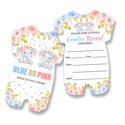 Elephant Gender Reveal Party Shaped Invitations with Envelopes Set of 20, Floral Blue or Pink Elephant Theme Gender Neutral Fill in Invites Cards (Double Sided)