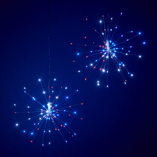 Lights4fun, Inc. 2 Pack of Red, White & Blue Micro LED Battery Operated Indoor & Outdoor Hanging 4th July Firework Starburst Lights