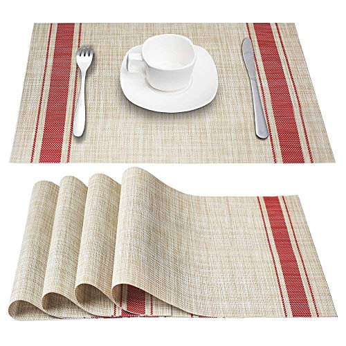 Placemats, Placemats for Dining Table, Heat-resistant placemats, Non-slip, Stain Resistant Washable Vinyl Kitchen Table Mats, Set of 4 (Red) Placemats, Placemats for Dining Table, Heat-resistant placemats, Non-slip, Stain Resistant Washable Vinyl Kitchen Table Mats, Set of 4 (Red)