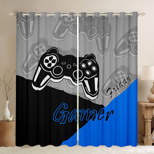 Feelyou Gamer Curtains for Bedroom Teens Boys Gaming Curtain Gamepad Home Decor Player Video Game Thermal Insulated Window Drapes Kids Grommet Treatment Black Blue Grey 42W X 63L 2 Panels