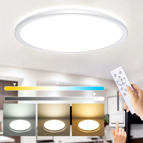 Dimmable LED Flush Mount Ceiling Light with Remote Control, 12 inch 24W Ultra-Thin LED Ceiling Lamp Fixture, 3000K-6500K Light Color Adjustable Modern Round Flat Panel Lights for Bedroom Kitchen White