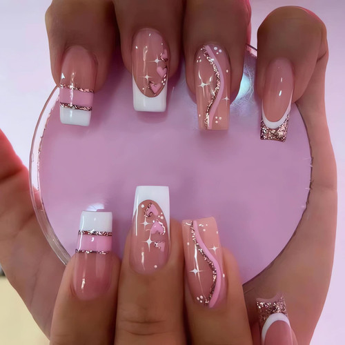 IMSOHOT Long Press on Nails Coffin Acrylic Fake Nails French Ballerina False Nails Glue on Nails Glossy Full Cover Glitter Nails Nude with Pink Heart Designs 24PCS