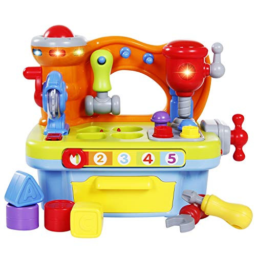 SGILE Musical Baby Toy, Multifunctional Learning Workbench Toy with Sounds and Lights, Learning Tool Workbench Set with Multiple Handy Tools and Shape Sorter, Educational Toy for Toddlers Boys Girls