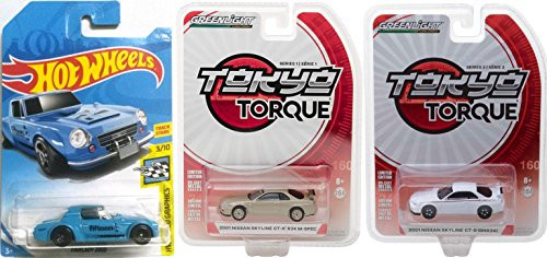 AYB Products Nissan Die-Cast Greenlight Tokyo Torque 1002 Skyline GT-R Gold + 2014 GT-R35 White & Fairlady 2000 Hot Wheels 3 Car Bundle