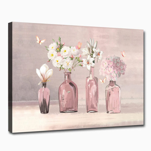 Flower in Vase Canvas Wall Art Floral Painting Vase Poster Watercolor Pink Flower Art Print Pink Floral Watercolor Wall Art White Flower Artwork Pink Butterfly Pictures Wall Decor 16x24inch No Framed