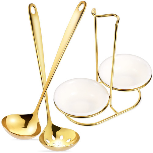 Alipis Standing Spoon Rest Ceramic Dish Upright Utensil Holder with Ladles, Stainless Steel Standing Ladle Rack for Stovetop Counter