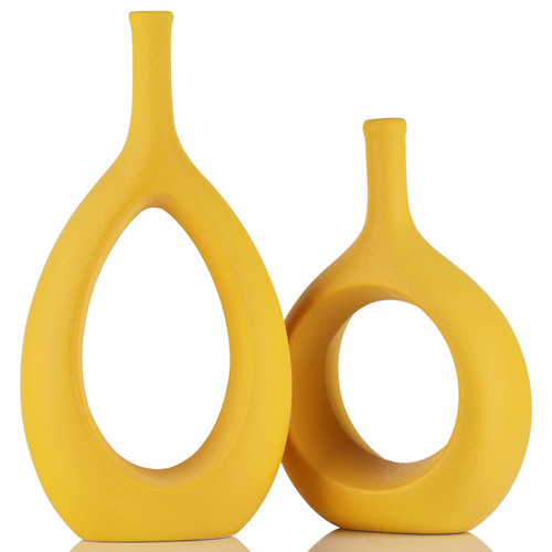 Yellow Vase for Home Decor, Yellow Ceramic Vase Set of 2,Modern Rustic Farmhouse Yellow Decorative Vase,Boho Vases,Decorative Vase for Pampas Grass Dried Flowers,Table, Bookshelf and Entryway Decor