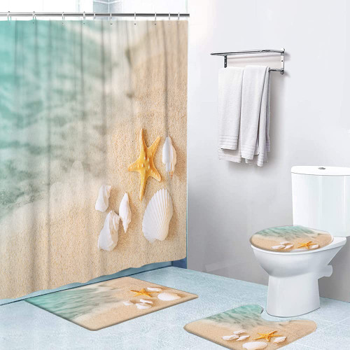 LOKMU 4 Pcs Shower Curtain Sets with Non-Slip Rugs,Toilet Lid Cover and Bath Mat,Tropical Beach Shells on The Sand Waterproof Shower Curtain with 12 Hooks, Bathroom Decor Sets, 72"x 72"