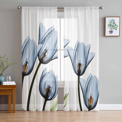 Onekaccu Blue Floral Sheer Curtains 84 Inch Length 2 Panels Set, Tulip Kitchen Rod Pocket Semi Drapes for Bedroom Living Room, Voile Window Treatment Art Flower Decor