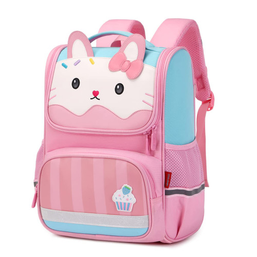 ASKSKY Backpack for Girls, Wide Open Kids Backpack for Elementary Primary School Kawaii School Backpack Cartoon Bookbag with Reflective Strip, Blue Kitty