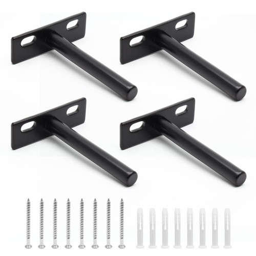 Bonsicoky 4 Pcs 3 Inch Solid Steel Floating Shelf Bracket Heavy Duty, Hidden Wall Mounted Supports Brackets for Floating Wood Shelves, Black (with Screws and Wall Plugs)