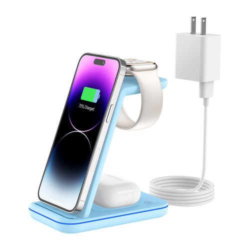 Wireless Charger for Multiple Apple Device, 3 in 1 Fast Charging Station/Stand Compatible for iPhone 14/13/12/Pro Max/SE/11/XS/XR/8,for iWatch Apple Watch 8/7/6/5/4/3/2/SE AirPods Pro/3/2 (Sky Blue)