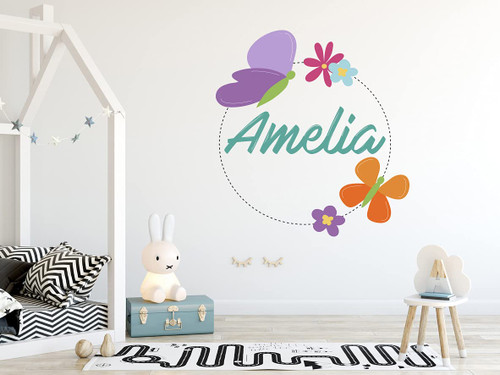 Butterflies and Flowers Girl Custom Name Wall Decal - Butterfly Wall Decal - Personalize Butterflies Girl Name Wall Art - Wall Decal for Nursery Playroom Bedroom Decoration (Wide 15"x17" Height)