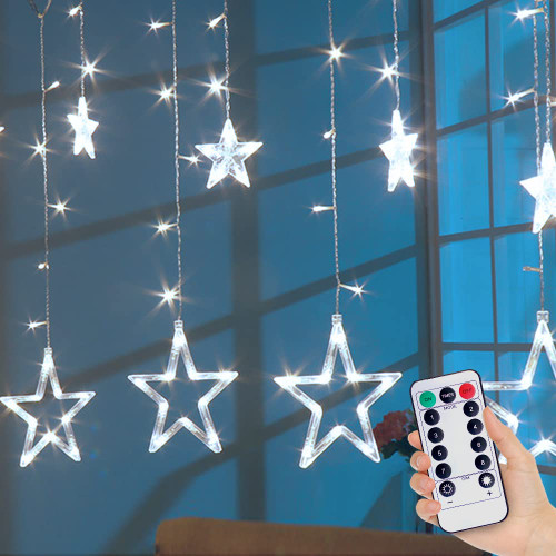 138 LEDs Star Curtain Lights, 12 Stars Window Curtain Strip Fairy Lights USB Operated with Remote 8 Modes for Bedroom, Wedding, Party,Garden Decoration, Christmas Decorations Lights ( White)