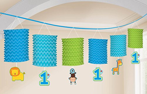 Amscan One Wild Boy 1st Birthday Paper Lantern Garland, 6", Blue/Turquoise/Green