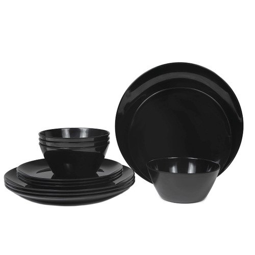 Melamine Dinnerware Sets service for 4, 12pcs Melamine Plates and Bowls Set, Lightweight, Dishwasher Safe, Indoor and Outdoor Use,Black