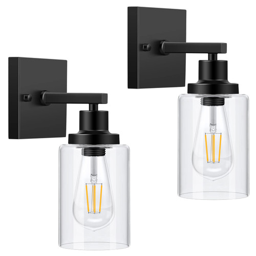 LUNSY Bathroom Vanity Light Wall Sconces Set of Two Black Bathroom Light Fixtures, Metal Sconces Wall Lighting with Clear Glass Shade, Farmhouse Wall Lamp for Living Room Mirror. LUNSY Bathroom Vanity Light Wall Sconces Set of Two Black Bathroom Light Fixtures, Metal Sconces Wall Lighting with Clear Glass Shade, Farmhouse Wall Lamp for Living Room Mirror.