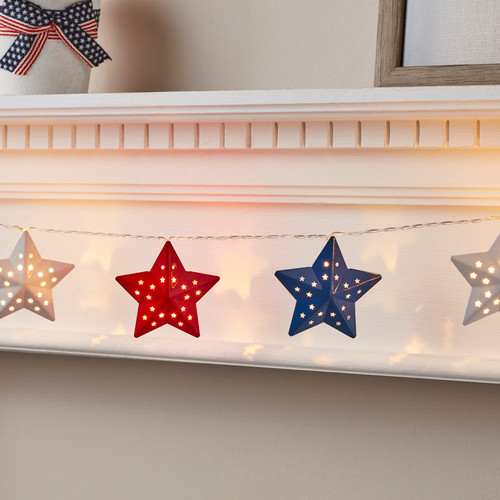 Lights4fun, Inc. 12 Red, White & Blue Metal Star Indoor Battery Operated LED 4th July Patriotic String Lights