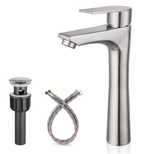 Cinwiny Brushed Nickel Bathroom Vessel Sink Faucet Deck Mount 304 Stainless Steel Single Handle Tall Bathroom Faucet Modern Lavatory Single Hole Vanity Bar Bowl Mixer Tap with Pop Up Drain