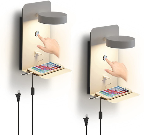 Dimmable Wall Sconces Bedside Wall Lights with Touch Switch LED Reading Wall Lamp with USB Charging Port Plug in& Hardwire Modern Rotate Wall Lamps Perfect for Bedroom Reading Room