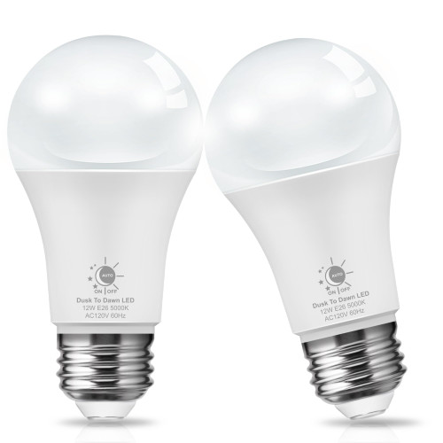 LOHAS Dusk to Dawn Sensor Light Bulbs Outdoor, A19 12W(100 Watt Equivalent) LED Bright Porch Lighting, Daylight White 5000K, 1100LM, Auto-On/Off, E26 Base for Outside, Garage, Patio, Yard, 2 Pack