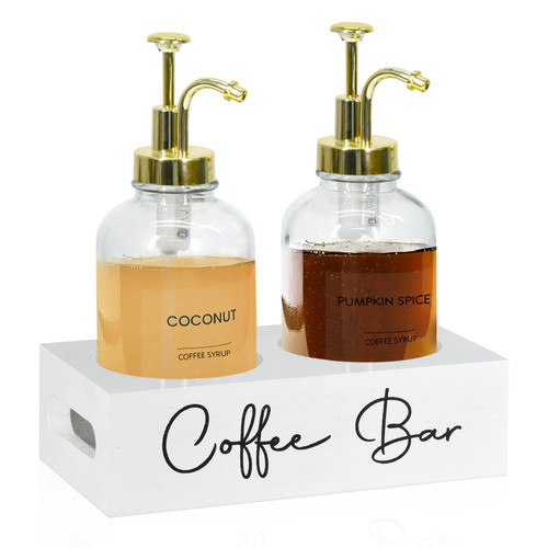 Syrup Dispenser Bottle Set,Coffee Syrup Dispenser with Shelf Stand for Coffee Bar, 13.5 oz 400ml Simple Syrup Bottles with Coffee Syrup Pumps and Labels, Coffee Bar Accessories for Coffee Station