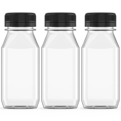 3 Pcs 12 oz Plastic Juice Bottle Reusable Transparent Bulk Beverage Containers for Juice, Milk And Other With Black Lids