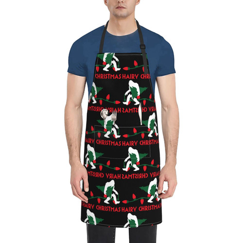 Unisex Bib Apron Bigf-oot Hairy Christmas Tree Waterproof Kitchen Cooking Aprons With 2 Pockets