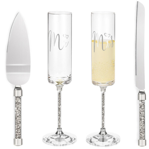 ROXBURGH Wedding Cake Knife and Server Set Champagne Flutes, Modern Style Bride and Groom Champagne Flutes Toasting Glasses Engraved Mr and Mrs, Cake Cutting Set for Wedding Engagement Gift