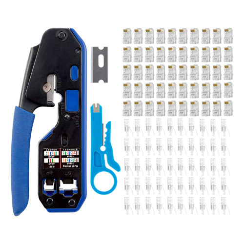 RJ45 Crimp Tool Kit, CAT5 CAT5e CAT6 Ethernet Crimper Modular Data Cable Stripper Cutter for Standard RJ11/RJ12 and RJ45 Connectors (Crimper with Plugs)