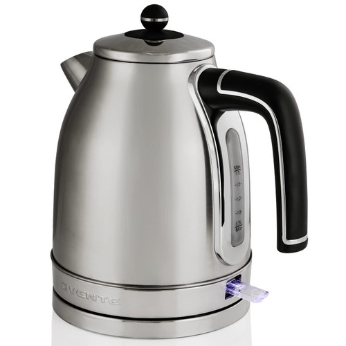 Ovente Electric Stainless Steel Hot Water Kettle 1.7 Liter Victoria Collection, 1500 Watt Power Tea Maker Boiler with Auto Shut-Off Boil Dry Protection Removable Filter and Water Gauge, Silver KS777S