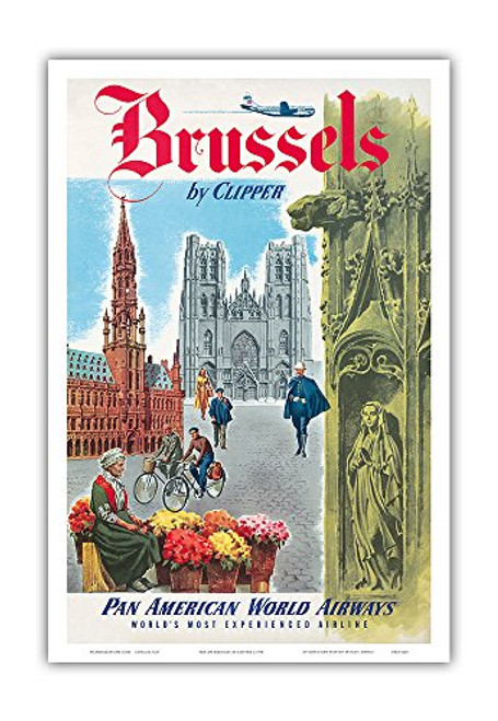 Brussels, Belgium by Clipper - Pan American World Airways (PAA) - The Cathedral of Saints Michel and Gudule - Vintage Airline Travel Poster c.1951 - Master Art Print - 12in x 18in Brussels, Belgium by Clipper - Pan American World Airways (PAA) - The Cathedral of Saints Michel and Gudule - Vintage Airline Travel Poster c.1951 - Master Art Print - 12in x 18in
