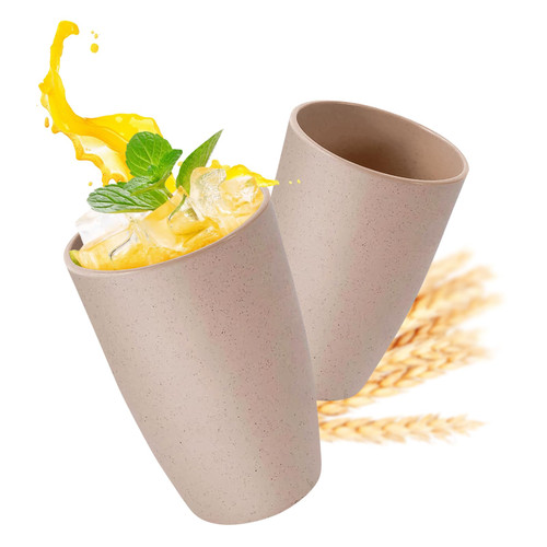 Numkey 20 oz Wheat Straw Cups 2 PCS Plastic Cups Reusable Unbreakable Drinking Cups Dishwasher Safe Water Glasses BPA Free cup Set For Kitchen, Camping, Party (Beige)